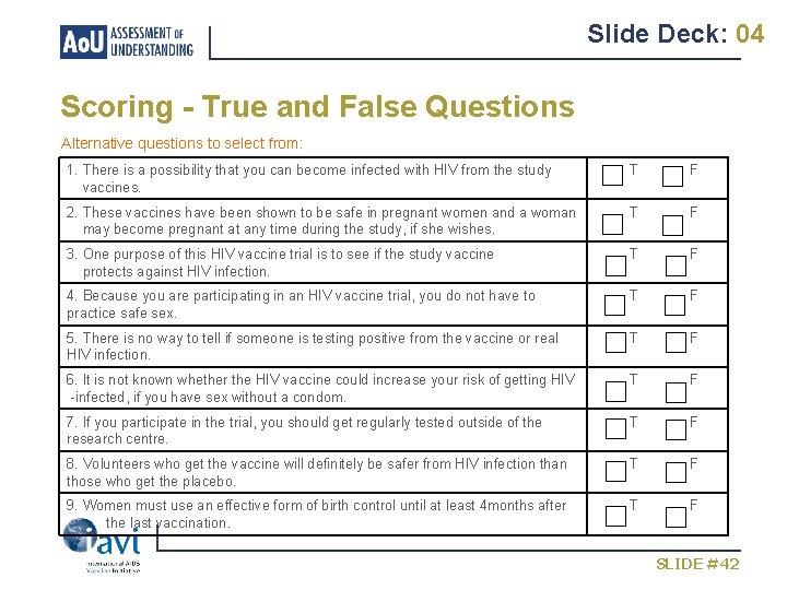 Slide Deck: 04 Scoring - True and False Questions Alternative questions to select from: