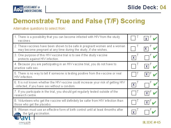 Slide Deck: 04 Demonstrate True and False (T/F) Scoring Alternative questions to select from: