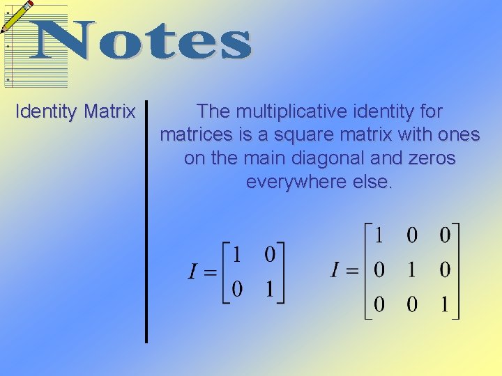 Identity Matrix The multiplicative identity for matrices is a square matrix with ones on