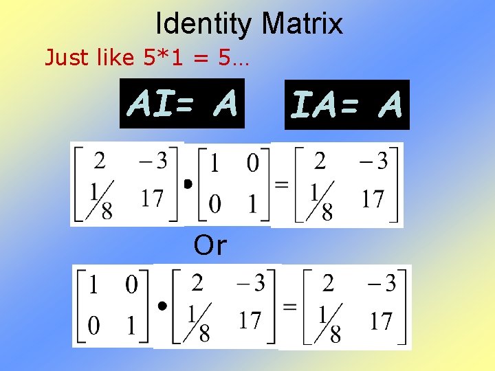 Identity Matrix Just like 5*1 = 5… AI= A Or IA= A 