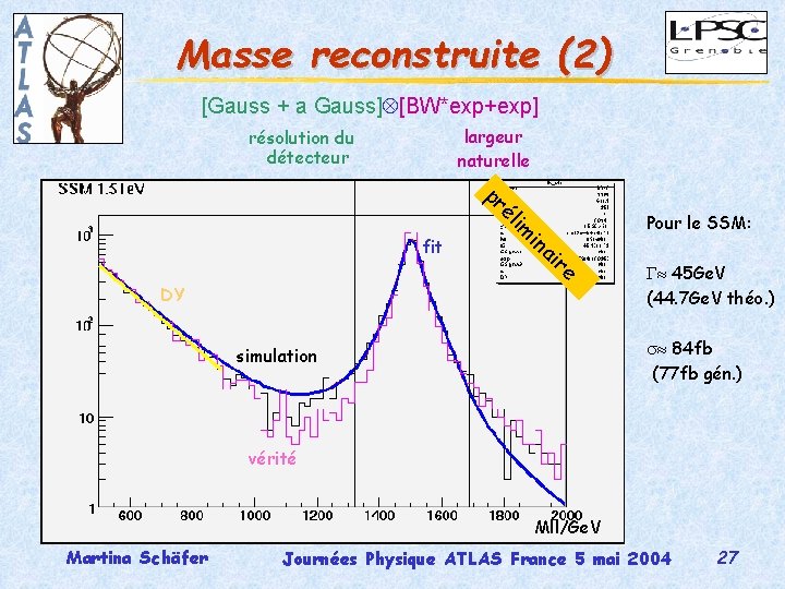 Masse reconstruite (2) [Gauss + a Gauss] [BW*exp+exp] largeur naturelle résolution du détecteur pr