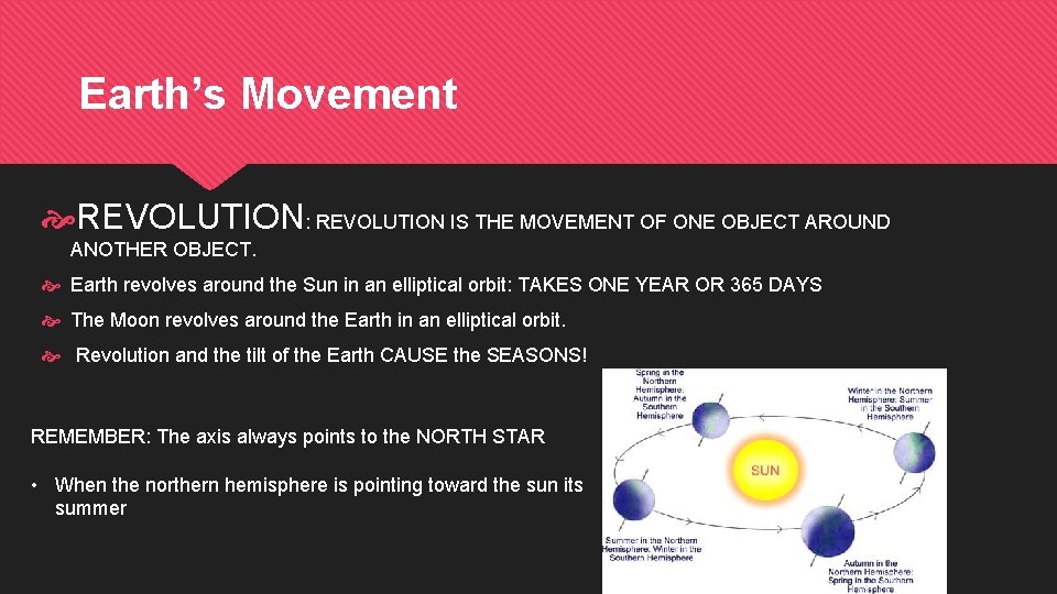 Earth’s Movement REVOLUTION: REVOLUTION IS THE MOVEMENT OF ONE OBJECT AROUND ANOTHER OBJECT. Earth