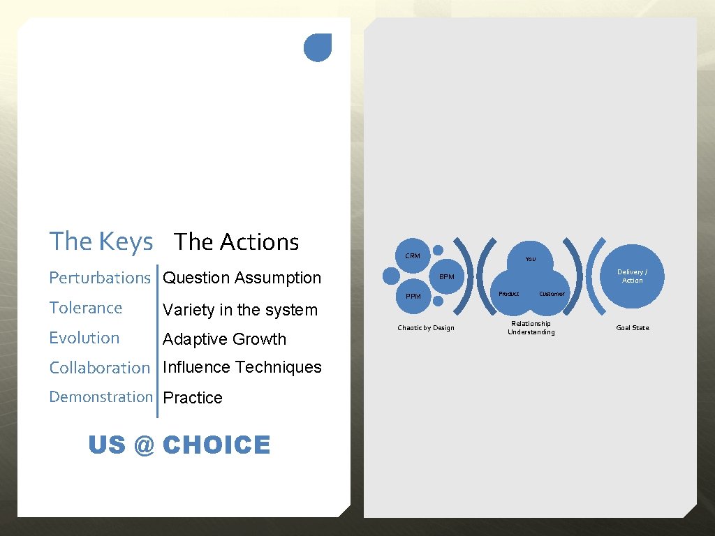 The Keys The Actions CRM Perturbations Question Assumption Tolerance Evolution Variety in the system