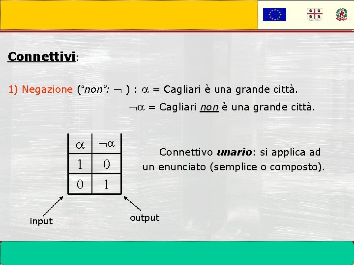 Connettivi: 1) Negazione (“non”: 1 0 input ) : = Cagliari è una grande