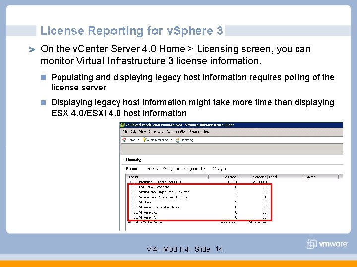 License Reporting for v. Sphere 3 On the v. Center Server 4. 0 Home