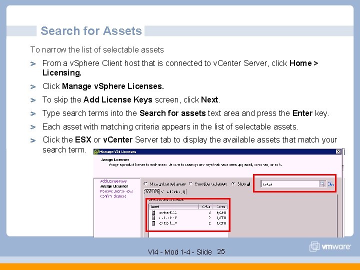 Search for Assets To narrow the list of selectable assets From a v. Sphere