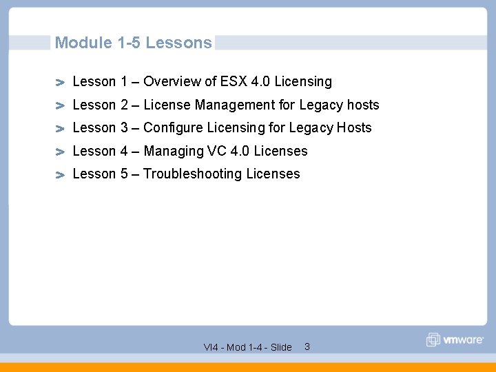 Module 1 -5 Lessons Lesson 1 – Overview of ESX 4. 0 Licensing Lesson