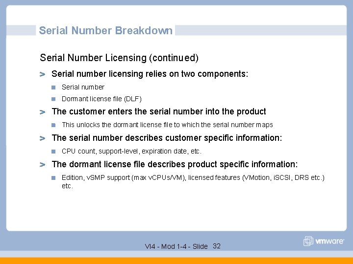 Serial Number Breakdown Serial Number Licensing (continued) Serial number licensing relies on two components: