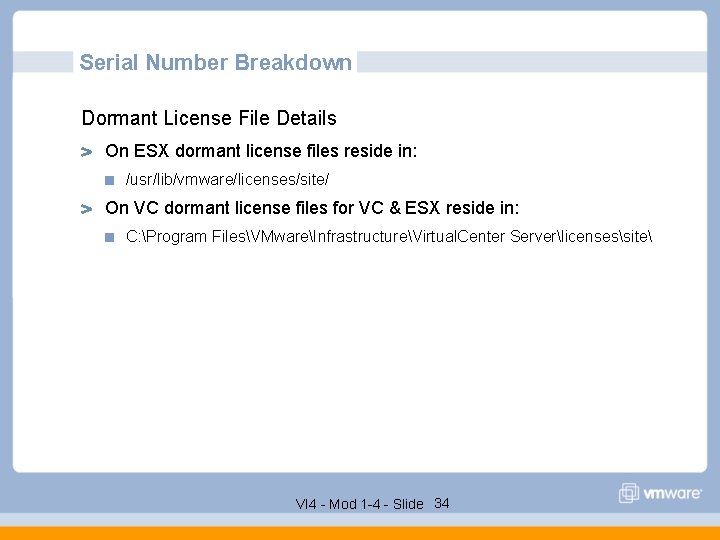 Serial Number Breakdown Dormant License File Details On ESX dormant license files reside in: