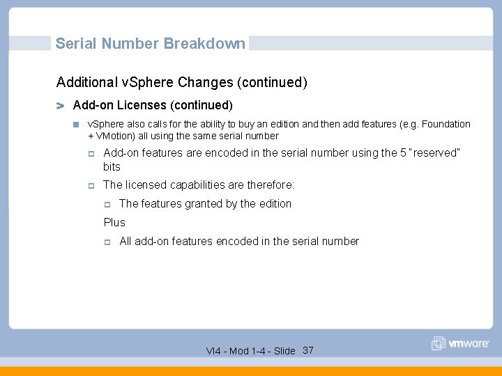 Serial Number Breakdown Additional v. Sphere Changes (continued) Add-on Licenses (continued) v. Sphere also