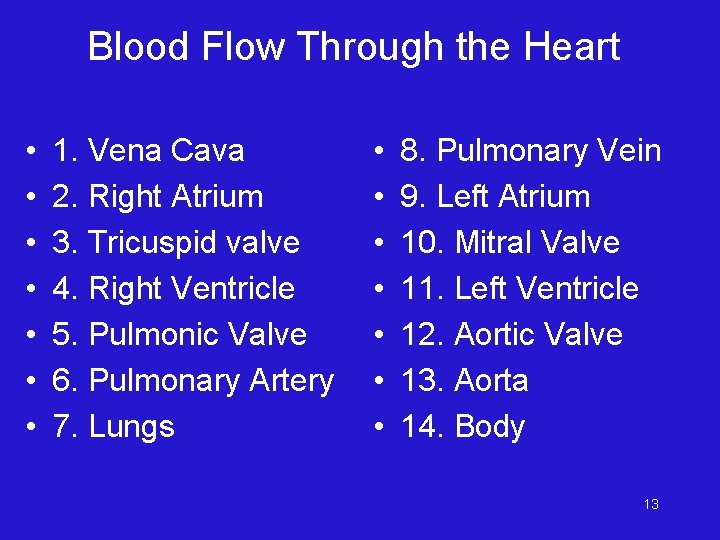 Blood Flow Through the Heart • • 1. Vena Cava 2. Right Atrium 3.