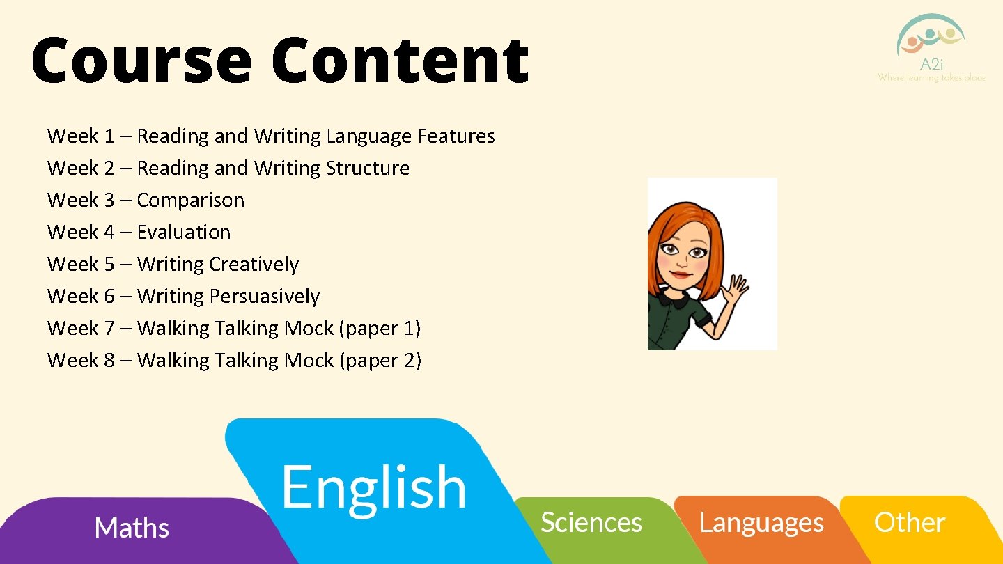 Course Content Week 1 – Reading and Writing Language Features Week 2 – Reading