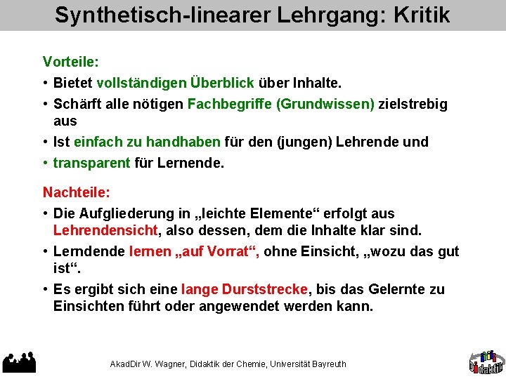 Synthetisch-linearer Lehrgang: Kritik Vorteile: • Bietet vollständigen Überblick über Inhalte. • Schärft alle nötigen