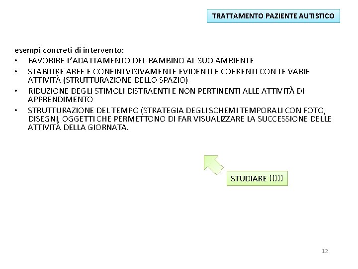 TRATTAMENTO PAZIENTE AUTISTICO esempi concreti di intervento: • FAVORIRE L’ADATTAMENTO DEL BAMBINO AL SUO