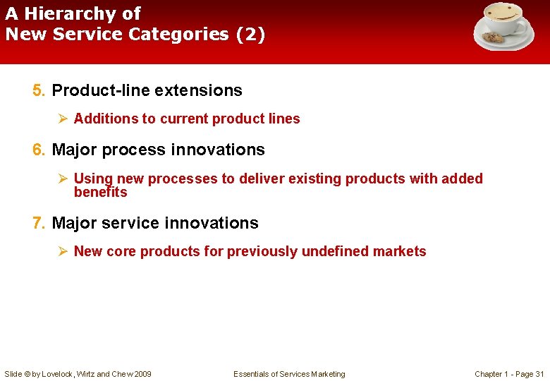 A Hierarchy of New Service Categories (2) 5. Product-line extensions Ø Additions to current