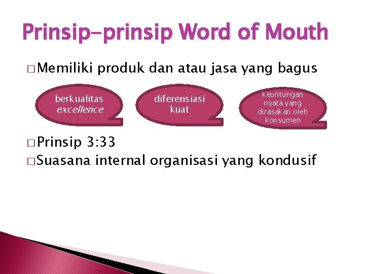 Prinsip-prinsip Word of Mouth � Memiliki produk dan atau jasa yang bagus berkualitas excellence