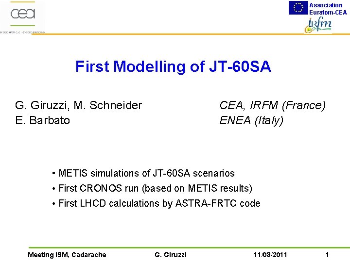 Association Euratom-CEA First Modelling of JT-60 SA G. Giruzzi, M. Schneider E. Barbato CEA,