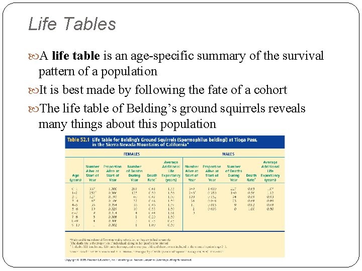 Life Tables A life table is an age-specific summary of the survival pattern of
