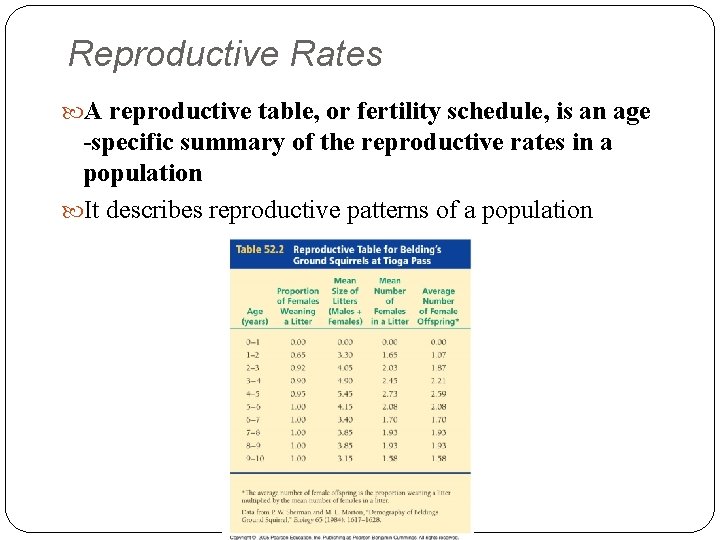 Reproductive Rates A reproductive table, or fertility schedule, is an age -specific summary of