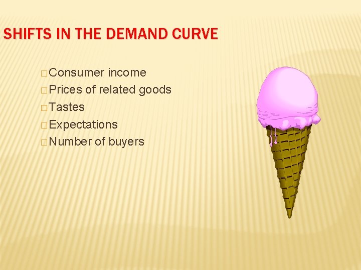 SHIFTS IN THE DEMAND CURVE � Consumer income � Prices of related goods �