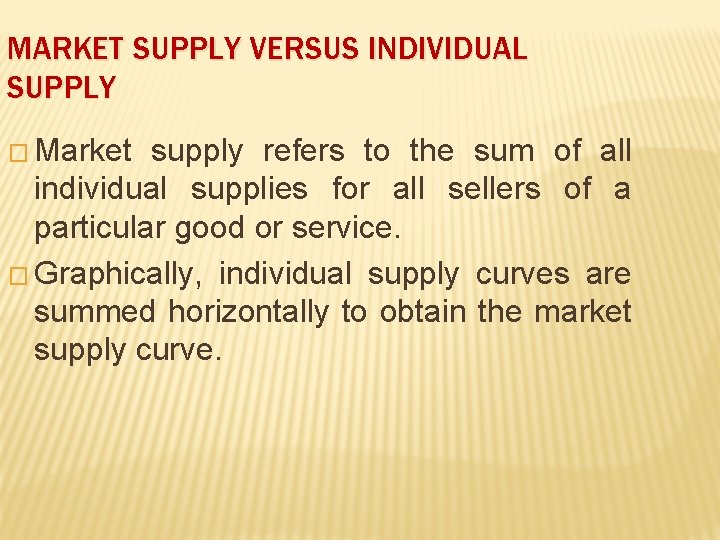 MARKET SUPPLY VERSUS INDIVIDUAL SUPPLY � Market supply refers to the sum of all