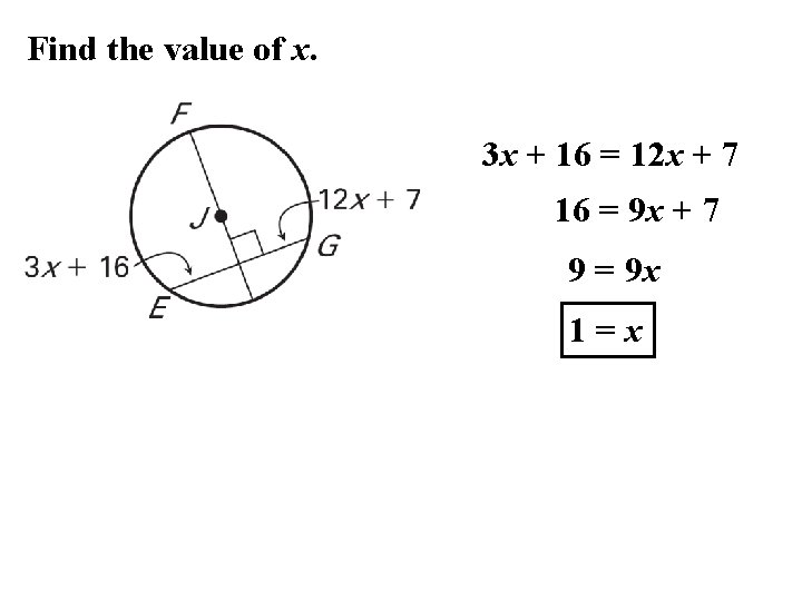 Find the value of x. 3 x + 16 = 12 x + 7