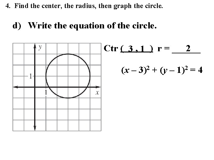 4. Find the center, the radius, then graph the circle. d) Write the equation