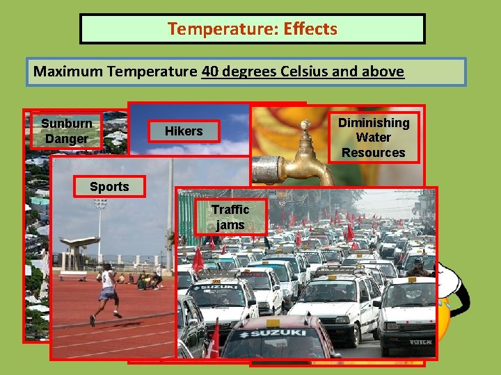 Temperature: Effects Maximum Temperature 40 degrees Celsius and above Sunburn Danger Diminishing Water Resources