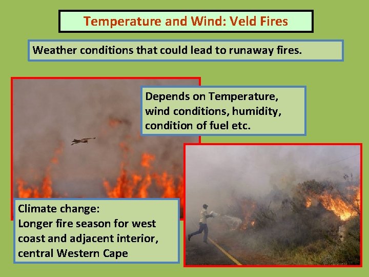 Temperature and Wind: Veld Fires Weather conditions that could lead to runaway fires. Depends