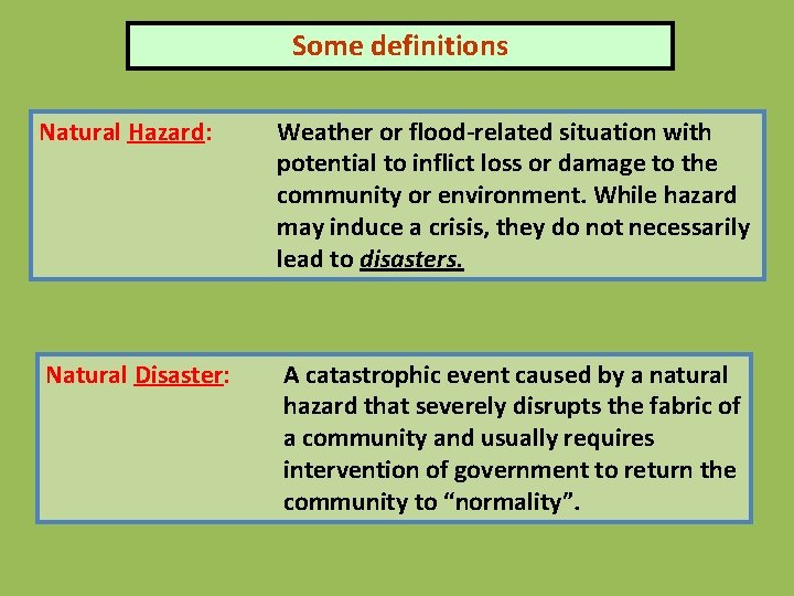 Some definitions Natural Hazard: Weather or flood-related situation with potential to inflict loss or