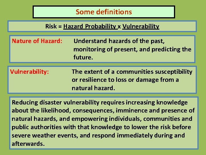 Some definitions Risk = Hazard Probability x Vulnerability Nature of Hazard: Understand hazards of