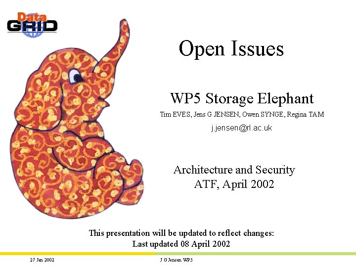 Open Issues WP 5 Storage Elephant Tim EVES, Jens G JENSEN, Owen SYNGE, Regina