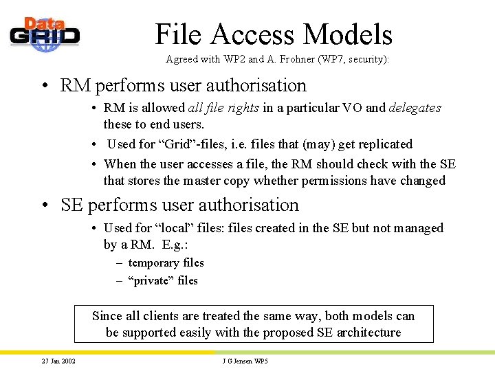 File Access Models Agreed with WP 2 and A. Frohner (WP 7, security): •
