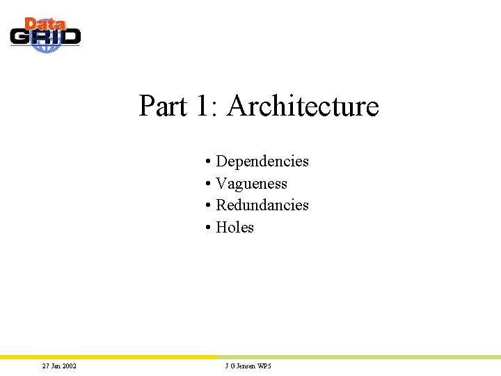 Part 1: Architecture • Dependencies • Vagueness • Redundancies • Holes 27 Jan 2002
