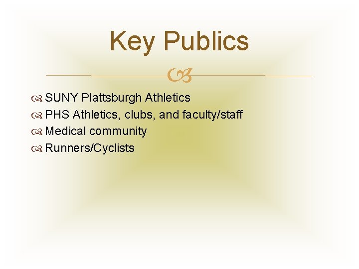 Key Publics SUNY Plattsburgh Athletics PHS Athletics, clubs, and faculty/staff Medical community Runners/Cyclists 