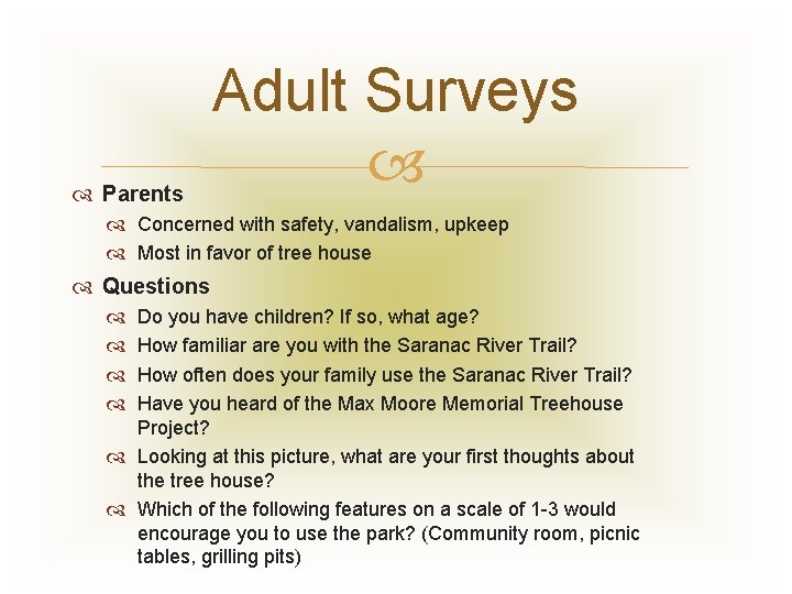  Parents Adult Surveys Concerned with safety, vandalism, upkeep Most in favor of tree