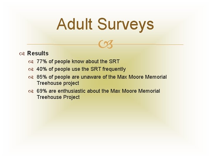  Results Adult Surveys 77% of people know about the SRT 40% of people