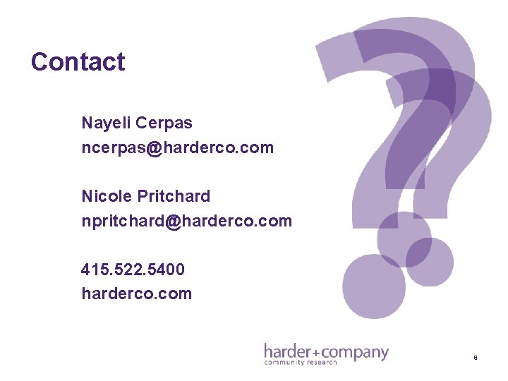 Contact Nayeli Cerpas ncerpas@harderco. com Nicole Pritchard npritchard@harderco. com 415. 522. 5400 harderco. com