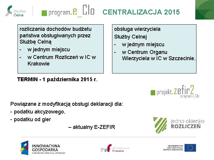 CENTRALIZACJA 2015 rozliczania dochodów budżetu państwa obsługiwanych przez Służbę Celną - w jednym miejscu