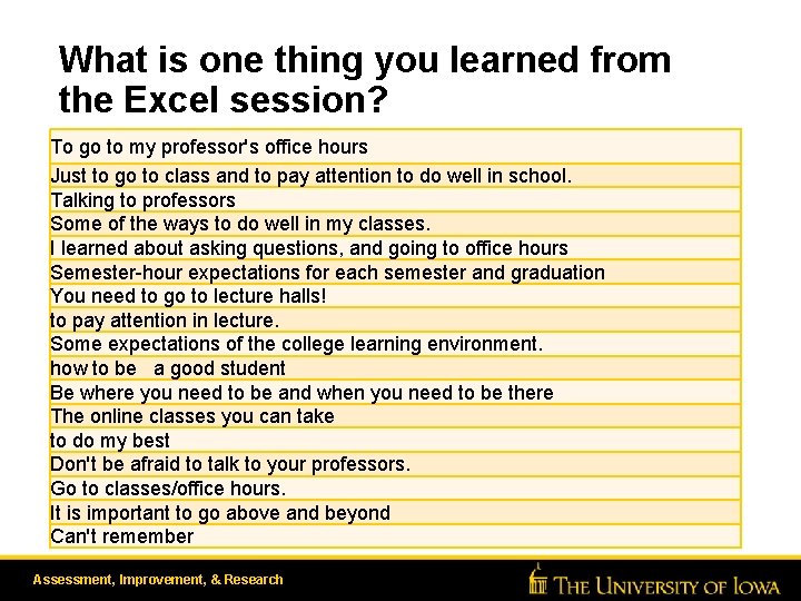 What is one thing you learned from the Excel session? To go to my