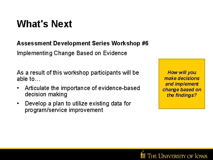 What's Next Assessment Development Series Workshop #6 Implementing Change Based on Evidence As a