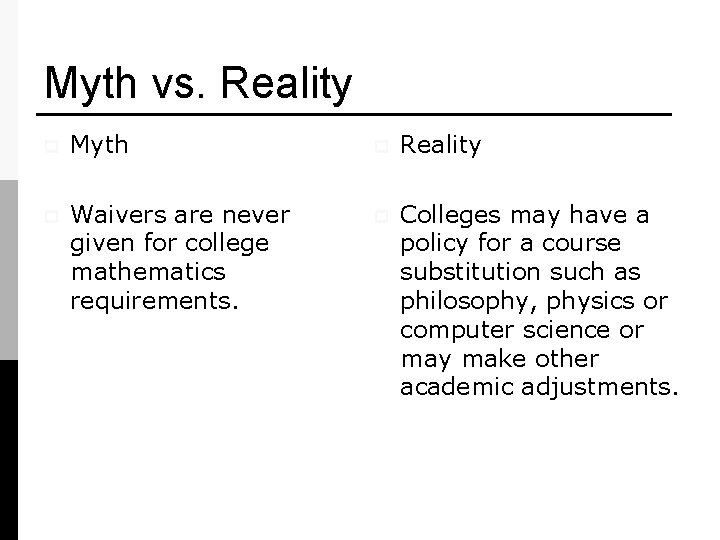 Myth vs. Reality p Myth p Reality p Waivers are never given for college