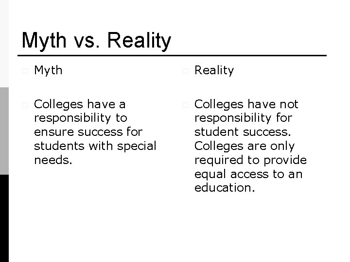 Myth vs. Reality p Myth p Reality p Colleges have a responsibility to ensure