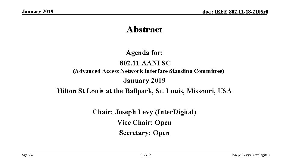 January 2019 doc. : IEEE 802. 11 -18/2108 r 0 Abstract Agenda for: 802.