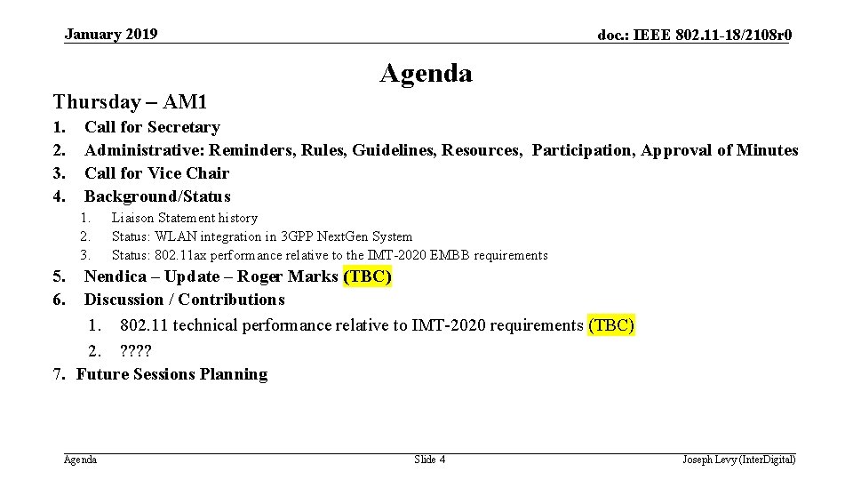 January 2019 doc. : IEEE 802. 11 -18/2108 r 0 Agenda Thursday – AM