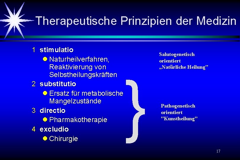 Therapeutische Prinzipien der Medizin 1 stimulatio l Naturheilverfahren, Reaktivierung von Selbstheilungskräften 2 substitutio l Therapeutische Prinzipien der Medizin 1 stimulatio l Naturheilverfahren, Reaktivierung von Selbstheilungskräften 2 substitutio l