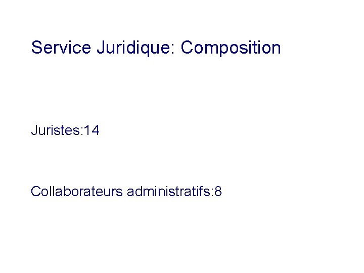 Service Juridique: Composition Juristes: 14 Collaborateurs administratifs: 8 