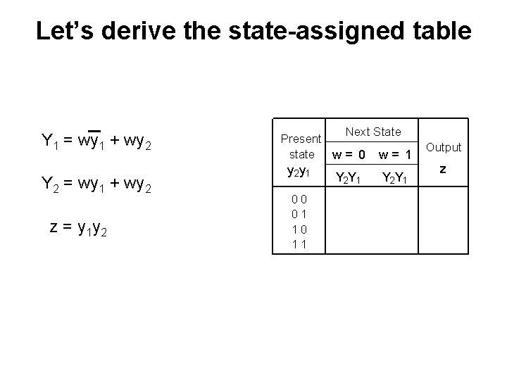 Let’s derive the state-assigned table Y 1 = wy 1 + wy 2 Y