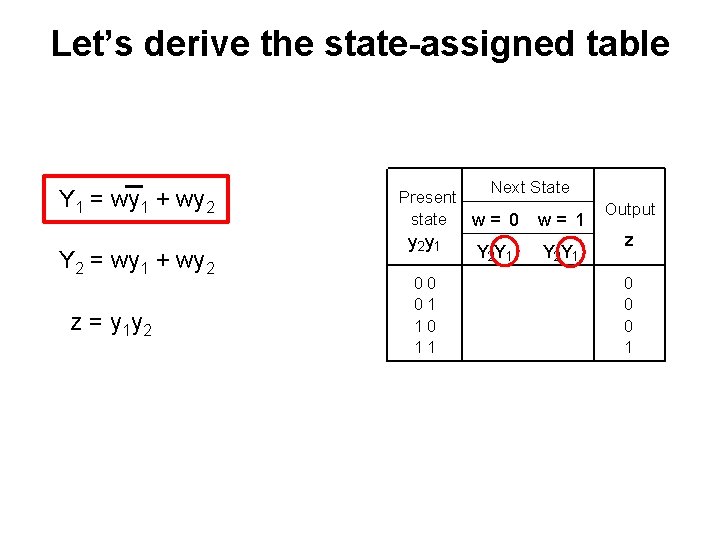 Let’s derive the state-assigned table Y 1 = wy 1 + wy 2 Y