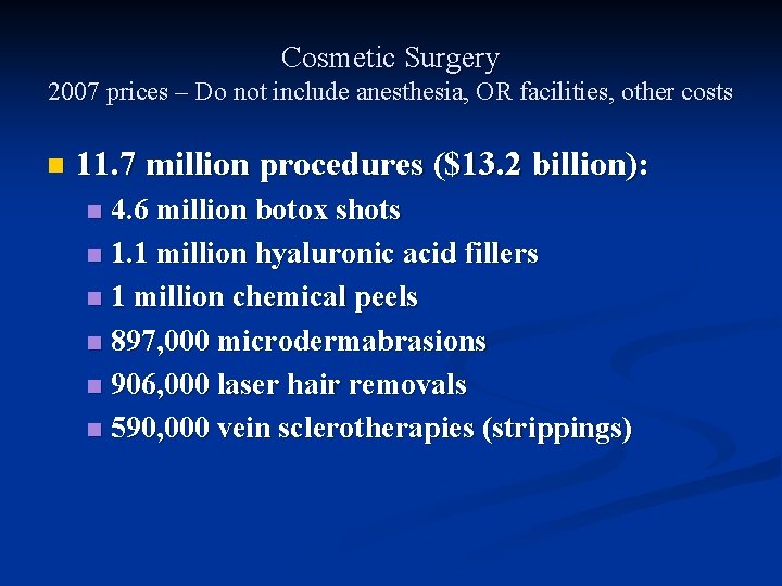 Cosmetic Surgery 2007 prices – Do not include anesthesia, OR facilities, other costs n